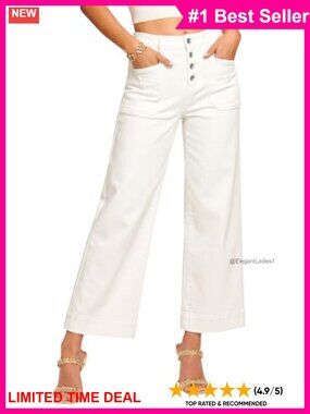 High Rise Wide Leg Cropped Jeans Button Fly Patch Pockets Stretch Denim